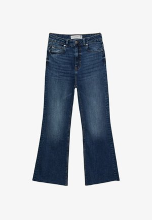 Jeans in denim a gamba larga con lavaggio blu scuro, caratterizzati da una texture liscia, tasche anteriori, passanti per cintura e chiusura con bottoni.