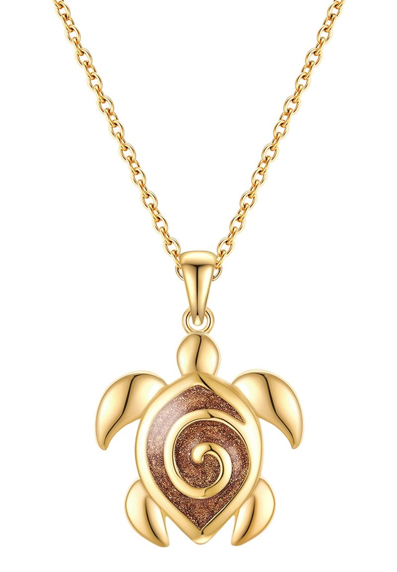 Arany teknős medál nyaklánc spirális mintázattal, barna kőberakással. A lánc összekapcsolt részei finom megjelenést kölcsönöznek.