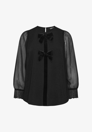 Blouse noire à manches longues en tulle, ornée de deux nœuds en velours et d'un accent en ruban au centre. Des poignets smockés texturés complètent le design.