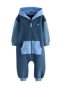 Blaues Baby-Jumpsuit mit Kapuze, vorn mit Reißverschluss, hellblauem Kängurutasche und kleinem Dinosaurier-Logo auf der Brust.