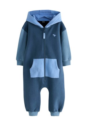 Blaues Baby-Jumpsuit mit Kapuze, vorn mit Reißverschluss, hellblauem Kängurutasche und kleinem Dinosaurier-Logo auf der Brust.