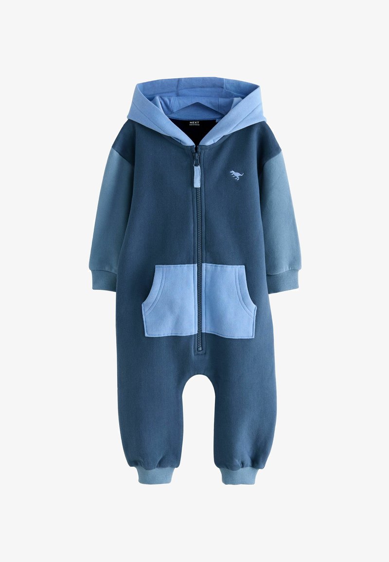 Blaues Baby-Jumpsuit mit Kapuze, vorn mit Reißverschluss, hellblauem Kängurutasche und kleinem Dinosaurier-Logo auf der Brust.