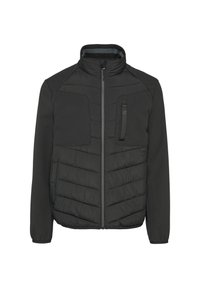 Schwarze isolierte Jacke mit hohem Kragen, ausgestattet mit gesteppten Chevron-Mustern, zwei Fronttaschen und einer mit Reißverschluss versehenen Brusttasche.