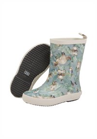 Vattentäta gummistövlar i ankellängd med ett mönster inspirerat av naturen i grönt som visar djur och löv, texturerad vit sula med svart grepp.