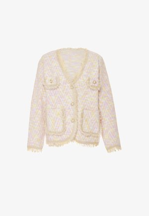 Vaaleanpunaisessa ja keltaisessa kuviollisessa neuletakissa on hapsureunat, V-pääntie, neljä nappia sekä kaksi etutaskua, joissa on nappikoristeet.