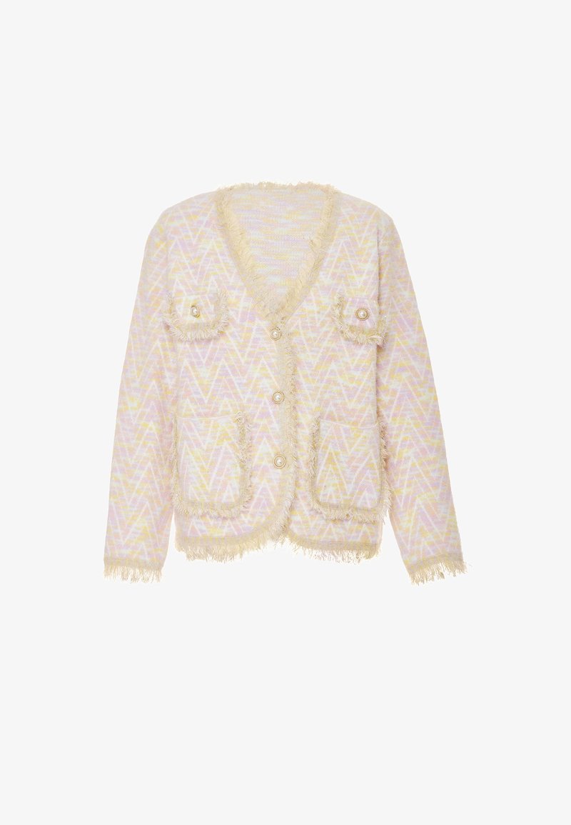 Pink und gelb gemusterte Strickjacke mit fransigen Kanten, V-Ausschnitt, vier Knöpfen und zwei Vorderentaschen mit Knopfdetails.