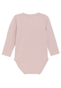 Rosa långärmad bodysuit i mjuk bomull, med rund halsringning och tryckknappar i botten för enkel påklädning.