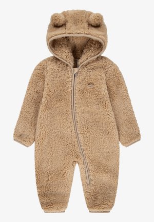 Blød beige behåret babyheldragt med hætte med bjørneører og front lynlåslukning.
