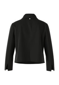 Black jacket with a collared neck, long sleeves, back pleat detail, and a single button closure at the neck. Smooth, textured fabric.