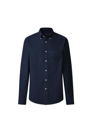 Granatowa koszula zapinana na guziki, wykonana z bawełny. Posiada klasyczny kołnierzyk, długie rękawy oraz lewą kieszeń na piersi z haftowanym logo.