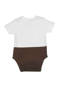 Kurzärmeliger Body mit einem weißen oberen und einem braunen unteren Abschnitt. Hergestellt aus weichem Stoff, verfügt er über einen Rundhalsausschnitt und einen Druckverschluss.
