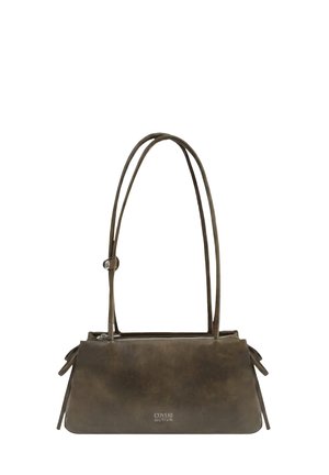 Sac à épaule en cuir brun foncé avec des lanières longues et fines, fermeture éclair et petits pompons latéraux, étiqueté "Coveri active" au centre avant.
