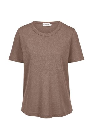 Bruin katoenen T-shirt met korte mouwen en een ronde hals, licht losvallend en met het label "hessnatur" in de kraag.