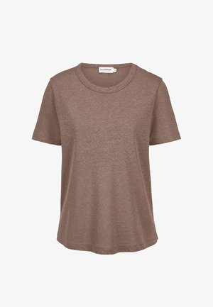 Bruin katoenen T-shirt met korte mouwen en een ronde hals, licht losvallend en met het label "hessnatur" in de kraag.