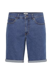 Vidēji zili džinsa šorti ar uzlocītām malām, piecām kabatām un kontrastējošām šuvēm. Izgatavoti no izturīga kokvilnas auduma.