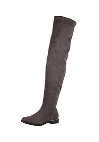 Grijze suede boven-de-knie laarzen met een gladde textuur. Vierkante neus en platte hak met een gouden accentdetail aan de achterkant.