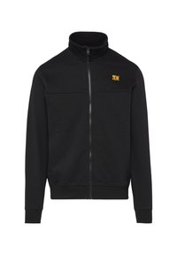 Chaqueta negra con cremallera y cuello alto, confeccionada en material suave. Presenta un logo amarillo en el lado izquierdo y puños acanalados.