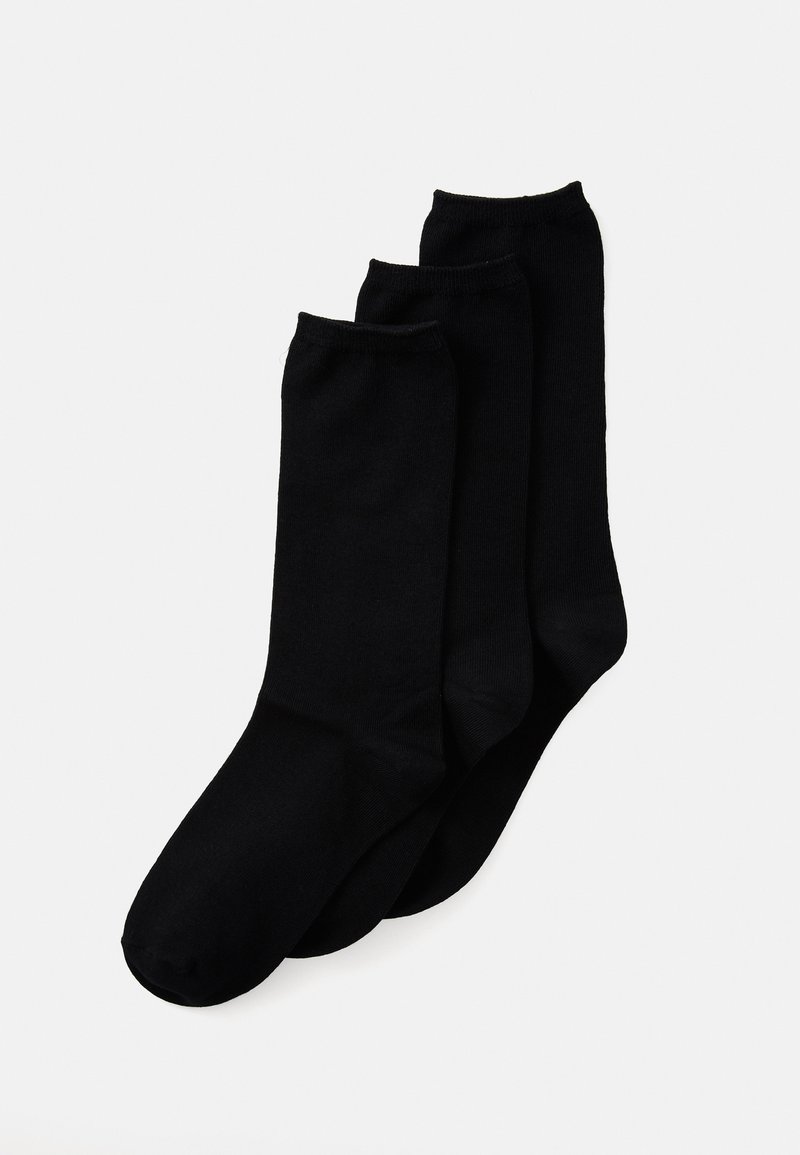 Black socks in a pack of three, featuring a smooth texture, ribbed cuffs, and a classic design without patterns or embellishments.