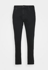 Černé džíny z denimu se slim fit střihem, klasickým pěti kapsovým designem, zapínáním na knoflík a minimálními švy. Hladká textura a jednotná barva.