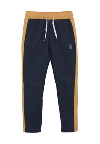 Marineblauwe sweatpants met gele zijkanten, elastische tailleband en witte trekkoord. Heeft een klein logo op de dij.