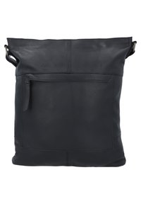 Borsa tote in pelle nera con una texture liscia, dotata di una zip superiore, tracolla regolabile e una tasca frontale con una zip sottile.