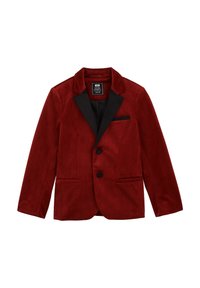 Czerwony aksamitny żakiet z czarnym satynowym kołnierzem w stylu szala, zapinany na pojedynczy guzik, z dwoma przednimi kieszeniami. Gładka tekstura z dopasowanym krojem.