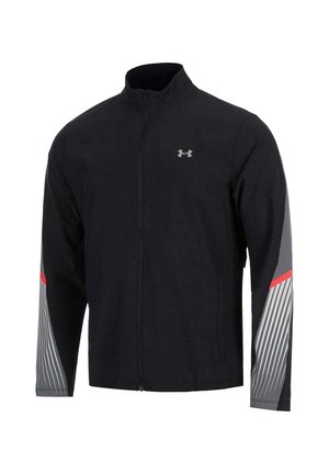 Černá bunda na zip s šedými a bílými proužkovanými rukávy, červenými akcenty a malým logem Under Armour na levé straně hrudi.