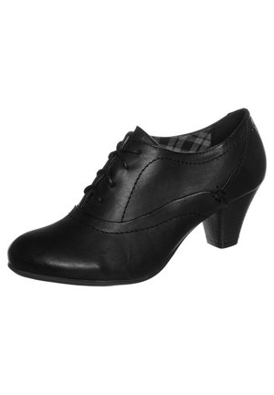 Czarne skórzane buty za kostkę z okrągłym noskiem, sznurowanym zapięciem i niskim, warstwowym obcasem. Oferują dekoracyjne przeszycia oraz wypełnione w kratę wykończenie wewnętrzne.