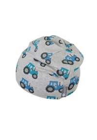 Gray beanie hat featuring a repeated tractor pattern in blue and black. Made of soft fabric, it has a slouchy design with a stitched label.