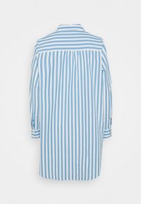 Blue and white striped shirt with a collar, long sleeves, button details, and a pleated back design. Made of lightweight fabric.