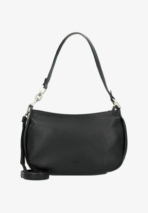 Bolso de hombro de cuero negro con un acabado texturizado, forma curva, detalles en metal plateado y una correa desmontable. Marca mínima en la parte frontal.