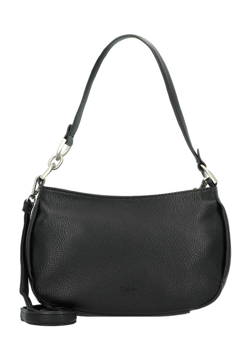 Borsa a spalla in pelle nera con finitura texturizzata, forma curva, dettagli in hardware argentato e tracolla rimovibile. Branding minimo sul davanti.