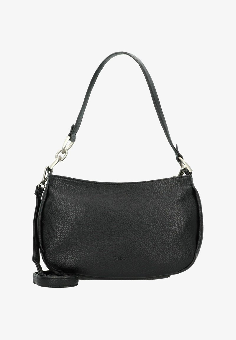 Borsa a spalla in pelle nera con finitura texturizzata, forma curva, dettagli in hardware argentato e tracolla rimovibile. Branding minimo sul davanti.