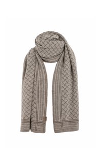 Lichtgrijze sjaal van zacht materiaal, met een geometrisch patroon en contrasterende randen. Accentuated met een klein label aan één kant.