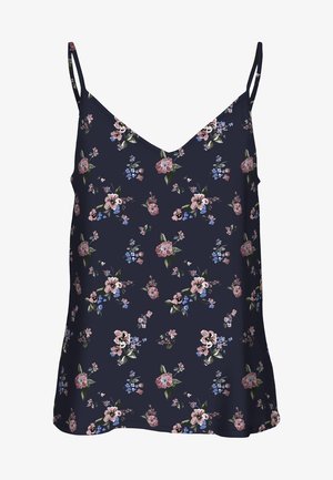 Camisole bleu marine à fines bretelles, décorée de motifs floraux dispersés roses et bleu clair avec des feuilles vertes.