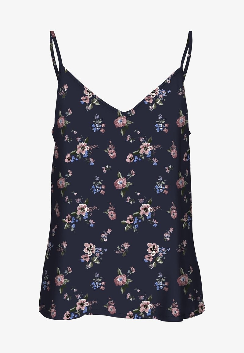 Camisole bleu marine à fines bretelles, décorée de motifs floraux dispersés roses et bleu clair avec des feuilles vertes.