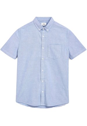 Camicia azzurro chiaro a maniche corte con bottoni, realizzata in tessuto lavorato, dotata di una tasca sul petto e di un colletto con dettagli in bottone.