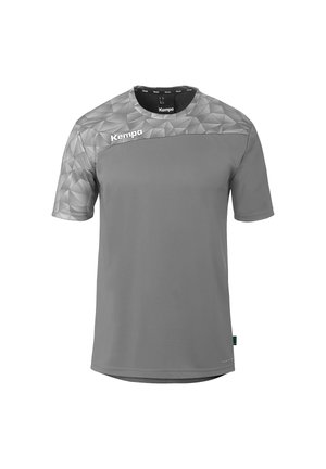 Grijs sportshirt met korte mouwen en geometrisch patroon op de schouders, Kempa-logo op de borst en kraag.
