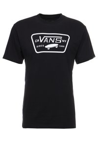Svart bomullströja med en vit grafisk design som har "VANS"-text, en skateboardikon och "sedan 1966"-detalj inom en rektangulär kontur.