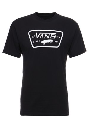 Black cotton t-shirt featuring a white graphic with “VANS” text, skateboard icon, and “since 1966” detail inside a rectangular outline.
