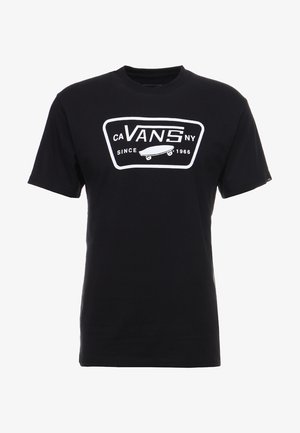 Black cotton t-shirt featuring a white graphic with “VANS” text, skateboard icon, and “since 1966” detail inside a rectangular outline.