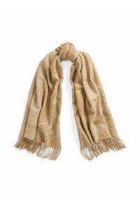 Sciarpa beige con motivo decorativo, estremità frangiata, realizzata in materiale morbido, drappeggiata e annodata in modo sciolto per texture e profondità.
