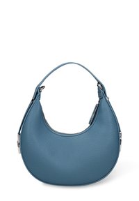 Sac hobo en cuir bleu à forme arrondie, finition texturée, avec une anse unique sur le dessus. Dispose d'une fermeture éclair argentée et d'accents métalliques assortis.