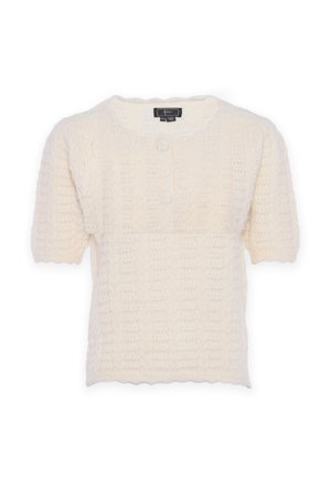 Karmfarvet kortærmet sweater med et tekstureret strikkemønster, bølget halsudskæring og lukning med to knapper foran. Blødt, let materiale.
