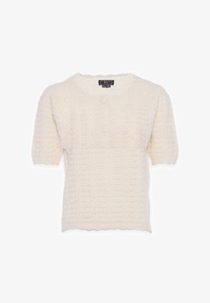 Kratke rokave krema pulover z teksturirano pletenino, valovitim izrezom in dvema gumboma na sprednji strani. Mehak, lahek material.