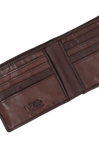 Brown leather wallet with multiple card slots, smooth texture, and embossed "RFID Genuine Leather" logo. Flat design, no visible fasteners.