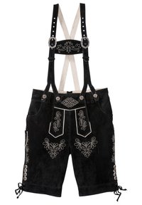 Lederhosen neri con decorazioni in ricamo bianco, bretelle in pelle regolabili e dettagli metallici; presenta tasche laterali e dettagli con lacci.