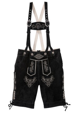 Lederhosen neri con decorazioni in ricamo bianco, bretelle in pelle regolabili e dettagli metallici; presenta tasche laterali e dettagli con lacci.