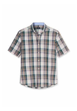 Kurzärmliges Hemd mit Knopfleiste im grün-blau-beigen Karomuster, mit einem Knopfkragen.