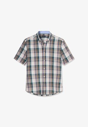 Camicia a maniche corte con bottoni, motivo a quadri verde, blu e beige, con colletto abbottonato.